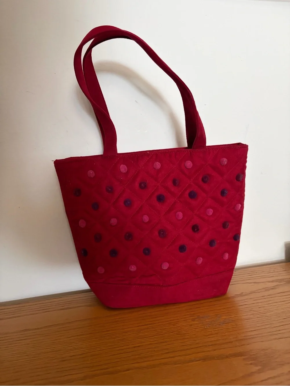 Red Quilted Velvet Pom Pom Dot Tote Bag - Y2K Bath & Body Works